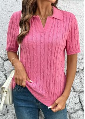 Turn Down Collar Hot Pink Short Sleeve Blouse