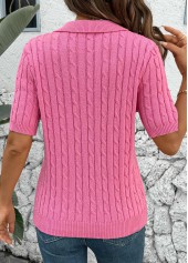 Turn Down Collar Hot Pink Short Sleeve Blouse