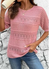 Pink Short Sleeve Round Neck Crochet Ladies Top