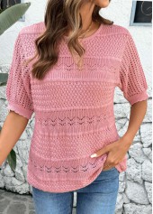 Pink Short Sleeve Round Neck Crochet Ladies Top