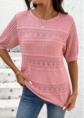 Pink Short Sleeve Round Neck Crochet Ladies Top