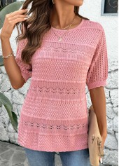 Pink Short Sleeve Round Neck Crochet Ladies Top