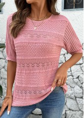 Pink Short Sleeve Round Neck Crochet Ladies Top
