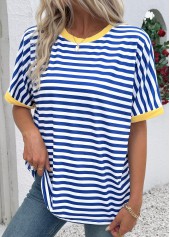 Striped Blue Short Sleeve Round Neck T Shirt