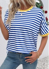 Striped Blue Short Sleeve Round Neck T Shirt