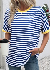 Striped Blue Short Sleeve Round Neck T Shirt