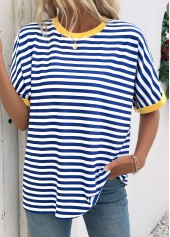 Striped Blue Short Sleeve Round Neck T Shirt