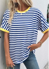 Striped Blue Short Sleeve Round Neck T Shirt