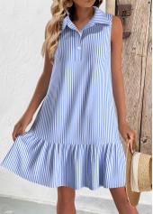 Striped Button Light Blue Short A Line Sleeveless Dress