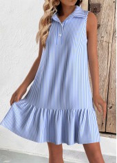 Striped Button Light Blue Short A Line Sleeveless Dress