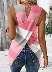 Striped Criss Cross Pink Sleeveless Round Neck Tank Top