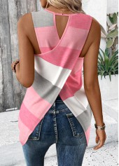 Striped Criss Cross Pink Sleeveless Round Neck Tank Top