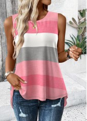 Striped Criss Cross Pink Sleeveless Round Neck Tank Top