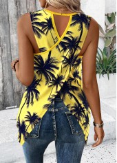 Tropical Plants Print Neon Yellow Sleeveless Tank Top