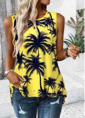 Tropical Plants Print Neon Yellow Sleeveless Tank Top