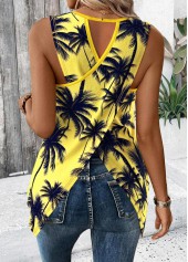 Tropical Plants Print Neon Yellow Sleeveless Tank Top