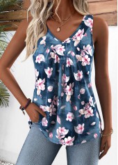 Random Floral Print Denim Blue Sleeveless Tank Top