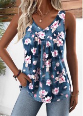 Random Floral Print Denim Blue Sleeveless Tank Top