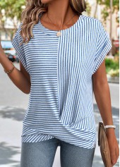 Striped Cross Hem Light Blue Short Sleeve T Shirt