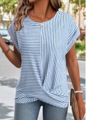 Striped Cross Hem Light Blue Short Sleeve T Shirt