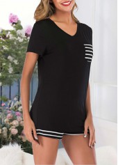 V Neck Striped Black Lounge Top and Shorts