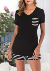 V Neck Striped Black Lounge Top and Shorts
