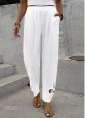 White Straight Leg Elastic Waist Mid Waisted Pants