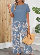 Floral Print Lightweight Blue Round Neck Top and Pants
