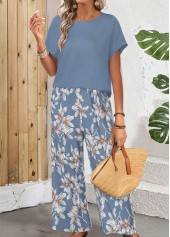 Floral Print Lightweight Blue Round Neck Top and Pants