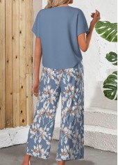 Floral Print Lightweight Blue Round Neck Top and Pants