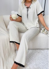 Lace Up Collar White Lounge Top and Pants