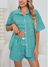 Mint Green Shirt Collar Plaid Lounge Top and Shorts