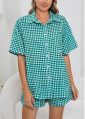 Mint Green Shirt Collar Plaid Lounge Top and Shorts