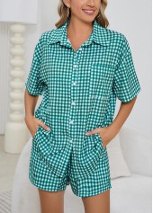 Mint Green Shirt Collar Plaid Lounge Top and Shorts