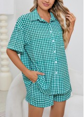 Mint Green Shirt Collar Plaid Lounge Top and Shorts