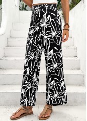 Random Floral Print Black Straight Leg Elastic Waist Pants