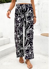 Random Floral Print Black Straight Leg Elastic Waist Pants