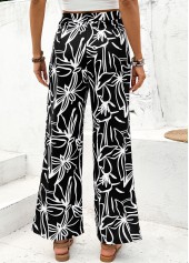Random Floral Print Black Straight Leg Elastic Waist Pants