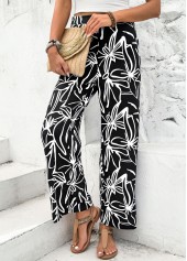 Random Floral Print Black Straight Leg Elastic Waist Pants