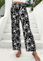 Random Floral Print Black Straight Leg Elastic Waist Pants