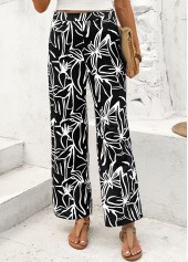 Random Floral Print Black Straight Leg Elastic Waist Pants