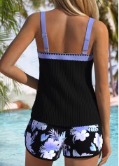 Mid Waisted Floral Print Contrast Binding Black Tankini Set