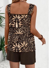 Tropical Plants Print Eyelet Dark Coffee Sleeveless Tank Top