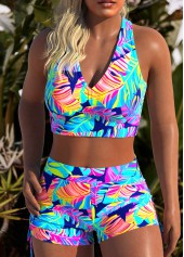 Mid Waisted Leaf Print Three-piece Royal Blue Tankini Set