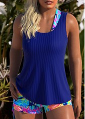 Mid Waisted Leaf Print Three-piece Royal Blue Tankini Set