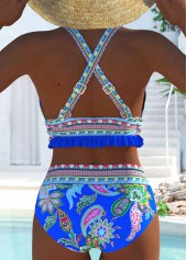 High Waisted Tribal Print Patchwork Purplish Blue Bikini Set