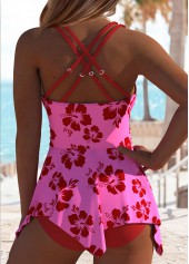 Mid Waisted Floral Print Surplice Deep Red Tankini Set