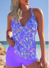 High Waisted Ditsy Floral Print Smocked Purple Tankini Set