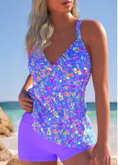 High Waisted Ditsy Floral Print Smocked Purple Tankini Set