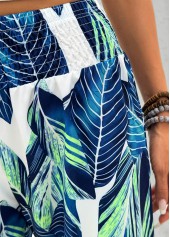 Leaf Print Peacock Blue Wide Leg Elastic Waist Pants